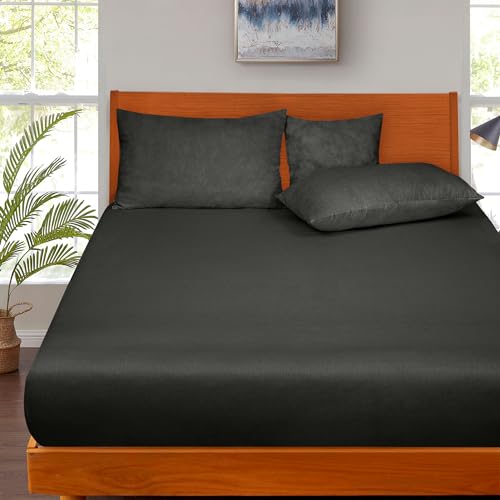 Image of ROYALE LINENS 300 Thread Count 100% Long Staple Combed Cotton Fitted Sheet Twin - Super Soft Deep Pocket Bottom Sheet - Fitted Sheets Only - Elastic Sheets (Twin, Black)