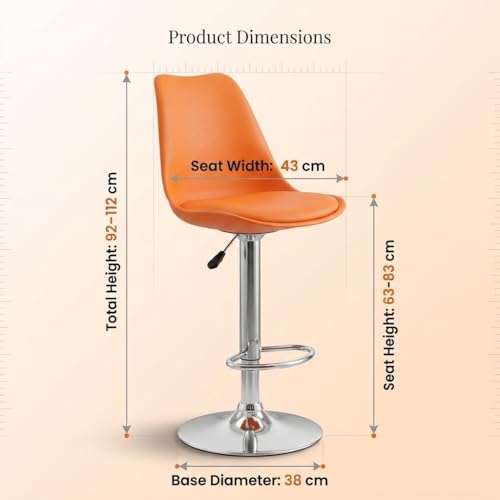 Image of activa Rapid Bar Stool Chair with Height Adjustable Design, Padded Seat & Footrest | Modern Metal Counter Stool for Kitchen, Home, Bar & Cafe Seating | Durable Comfort Chair (Orange, Set 1)