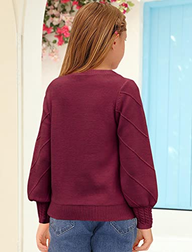 Haloumoning Girls' Sweaters Kids Casual Crew Neck Lantern Sleeve Knit Pullover Sweater Jumper Tops 4-15 Years Wine Red #TOP2