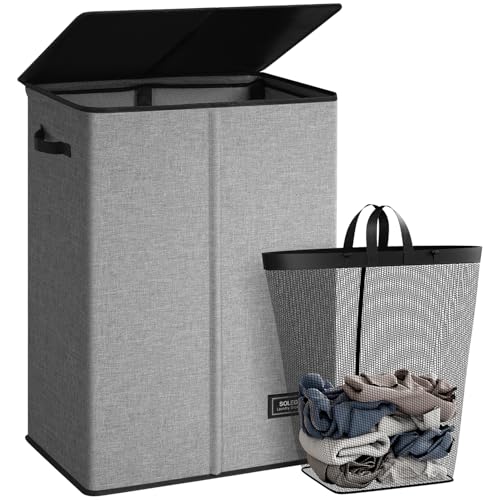 SOLEDI Laundry Hamper with Lid 130L Large & Tall Collapsible Laundry Basket, Clothes Hamper with Bag Removable Easy to Carry, Dirty Hampers for Bedroom, Bathroom, Dorm, College, Grey