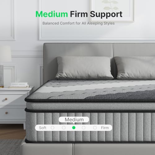 Image of 10 Inch Queen Hybrid Mattress with Gel Memory Foam & Pocket Springs | Mattress in a Box for Pressure Relief & Cool Sleep, Edge Support & Motion Isolation, CertiPUR-US Certified, Gray-White Stripe