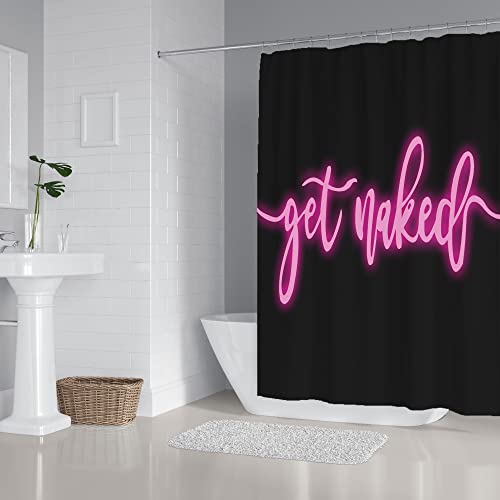 Zengmei 70x70 inches Get Naked Shower Curtain Set Funny Quote Durable Waterproof Polyester Shower Curtain Bathroom Bath Decor Cloth Fabric + 12 Hooks(Pink)