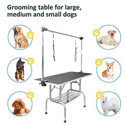 LOVMOR Dog Grooming Table,Adjustable Home Pet Grooming Tables with Arm/Noose/Mesh Tray, Black, ‎46''*24''*29.3''