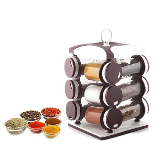 Floraware 12-Jar Revolving Spice Rack, Masala Box, Spice Box, Masala Rack, Trolley Rack (Dark Brown)