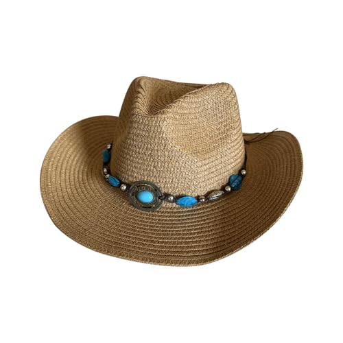 Image of Western Straw Cowboy Hats Cowgirl Hat for Holiday Woven Beach Sun Hat with Shapeable Wide Brim Cowboy Hat for Women's /Men's