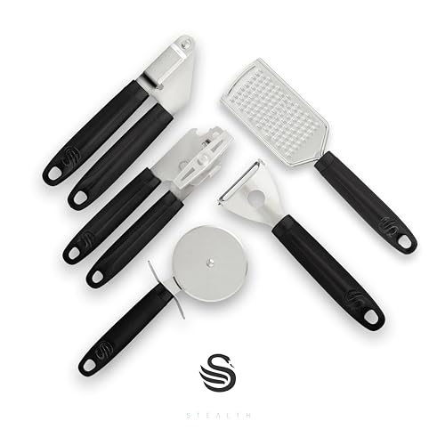 Swan Stealth 5 Piece Stainless Steel Gadget Set, Pizza Cutter, Y Peeler, Garlic Press, Can Opener, Grater, Soft Touch Handles - Image 2