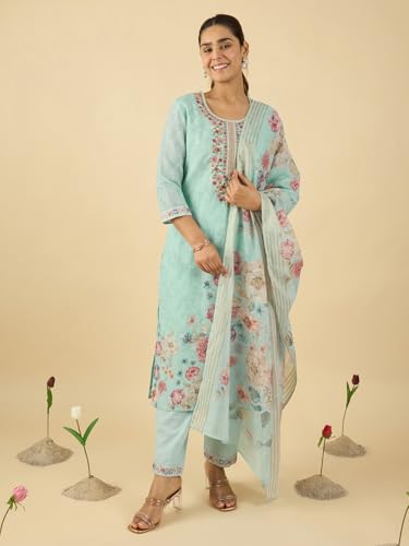 Image of INDO ERA Women's Straight Linen Floral Embroidered Kurta & Pant With Dupatta Set (IESTR10644)