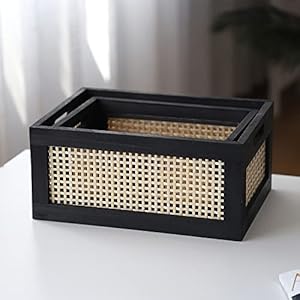 Wood Baskets, Rattan Storage Baskets for Organizing, Black, Set of 2 Wood Baskets Rattan Storage Baskets for Organizing Black Set of 2