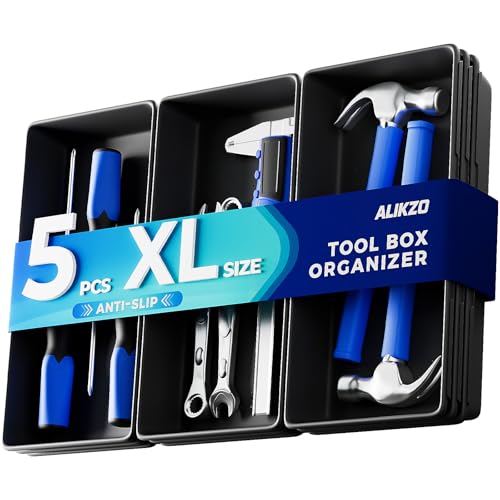 5 PCS Extra Large Toolbox Organizer Trays Desk Drawer Organizer with EVA Non Slip Pads Deep Drawer Dividers for Power Tools Impact Drivers Cordless Drills Torque Wrenches (XL_5PCS_Black)