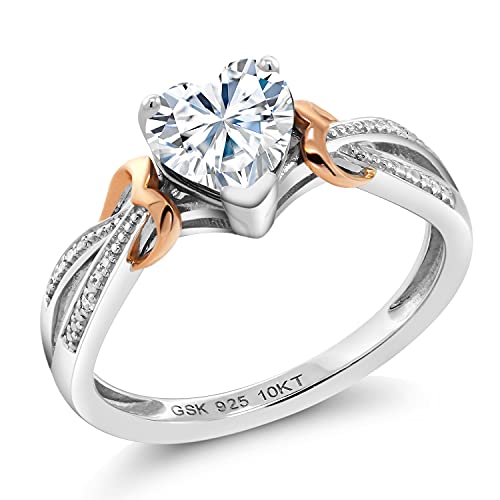 Gem Stone King 925 Sterling Silver and 10K Rose Gold White Heart Shape Moissanite and White Diamond Engagement Ring For Women (0.81 Cttw, Size 5)