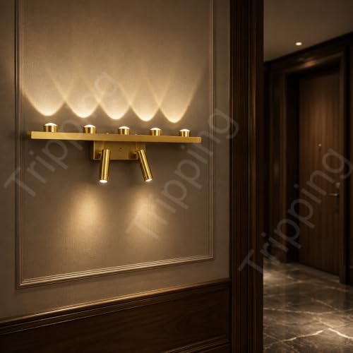 Image of Modern Brushed Gold 7-Light LED Wall Fixture with 5 Fixed Wall-Washer Lights and 2 Adjustable Reading Spotlights, Warm White 3000K Decorative Indoor Wall Lamp for Living Room and Hotel, 44 x 6 x 6 cm