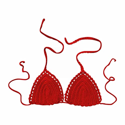 Bikini para mujer, verano, monocolor, crochet a mano, traje de baño euroamericano, parte superior de bikini, rojo, L
