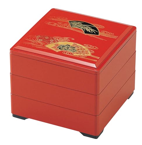 割烹漆器 お重箱 ?6寸重 朱 扇面(内黒)3段 H-152-2A