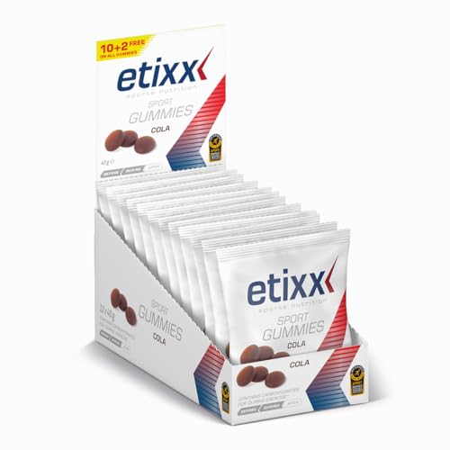 Etixx Sport Gummies - Gominolas Energéticas Sabor Cola, 12 x 50g - Aporte Rápido de Energía Durante el Ejercicio - Ideal para Deportistas de Resistencia y Entrenamientos Intensos