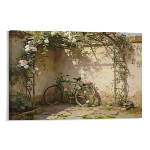 Bicycle Rose Trellis Framed Canvas Wall Art, Vintage Garden Archway Courtyard Painting, Romantic Country Decor for Living Room Bedroom 20x30inch(50x75cm)