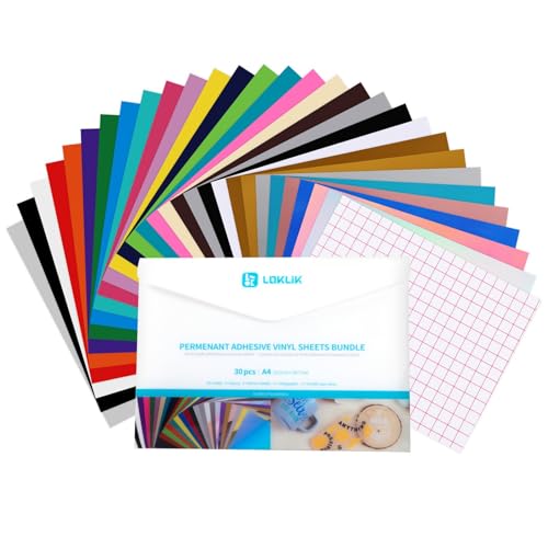 LOKLiK Vinyle Adhésif Permanent Ultra-Résistant, 29 Couleurs Éclatantes, pour Verre, Céramique, Plastique - Compatible Machines de Découpe, avec Film de Transfert Quadrillé