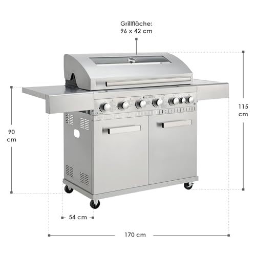 Juskys BBQ Gasgrill Minnesota - 6 Brenner und 1 Seitenbrenner - XXL Edelstahl Gas Grill mit Gusseisen Grillrost, Kochfeld, Unterschrank für Gasflasche – Bild 3