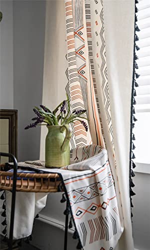 Bohemian Curtains 2 Panels Cotton Linen Farmhouse Drapes For Living Room Semi-Blackout Geometric Window Curtain Panels With Black Tassel Room Darkening Window Treatment Rod Pocket Top (59''Wx87''L) #TOP7