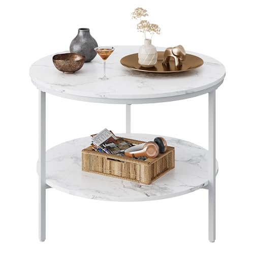 WLIVE Table Basse Ronde Blanche à 2 Étagères, 60x60x47 cm, Plateau Marbre et Structure Métal, Design Moderne avec Support en X