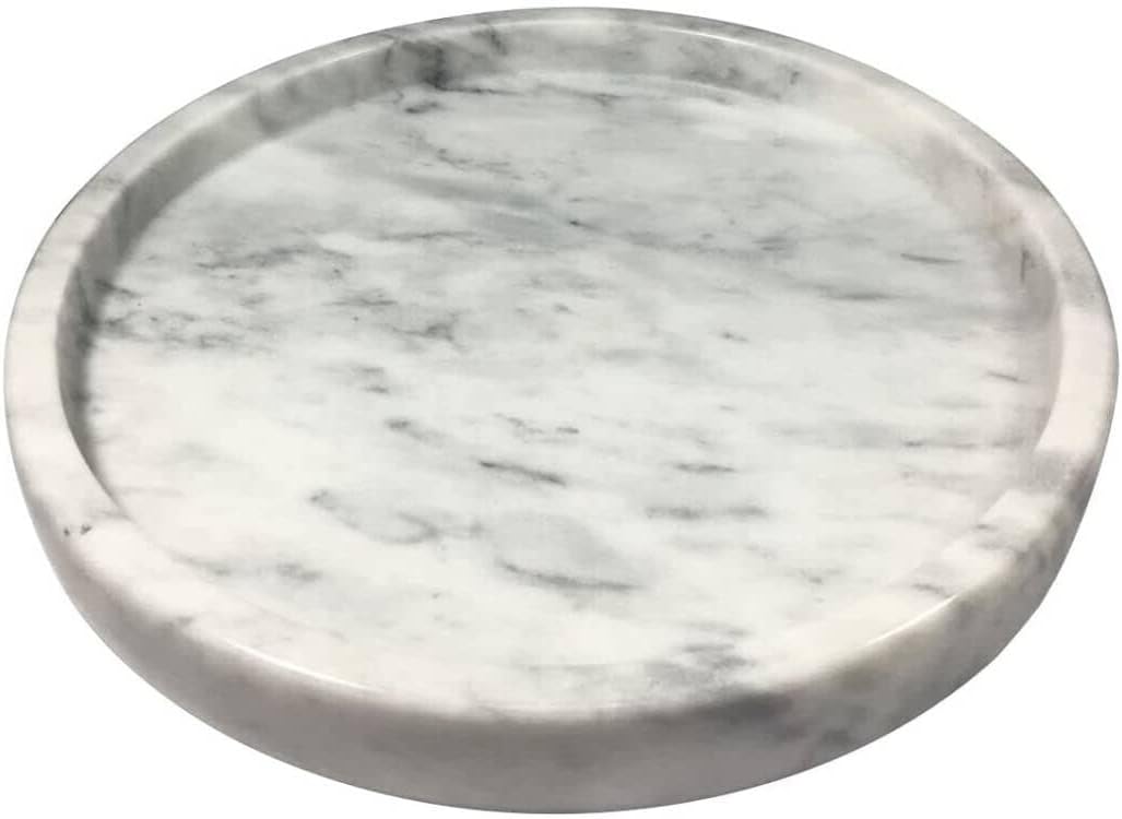 Natural Marble Tray, Round Marble Decorative Tray for Counter, Jewelry, Dresser, Bathroom, Kitchen White Round Tray,9.84Dx1.2H (White)