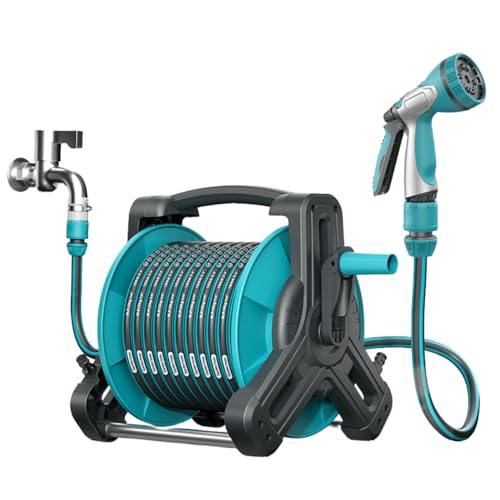 Vifxucy 給水ホースリールおしゃれ 散水ホースリール園芸軽量防漏伸展ホース 耐久性 高圧洗浄 家庭菜園クリーン庭 全カバー式コンパス 洗車 園芸 (10m)