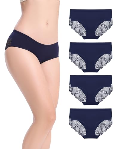 LIQQY Women's 4 Pack Mid Rise Cotton Lace Full Coverage Brief Hipster Panty Knickers Underwear (Navy Blue, Small)