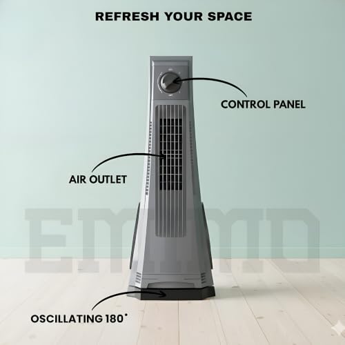 Image of EMIMO Tower Fan for Home & Office | Bladeless Oscillating Tower Fan | 180 Air Circulation with 3-Speed Knob Control | ABS Plastic Cooling Fan for Bedroom, Living Room & Workspace | Grey | 1 Unit