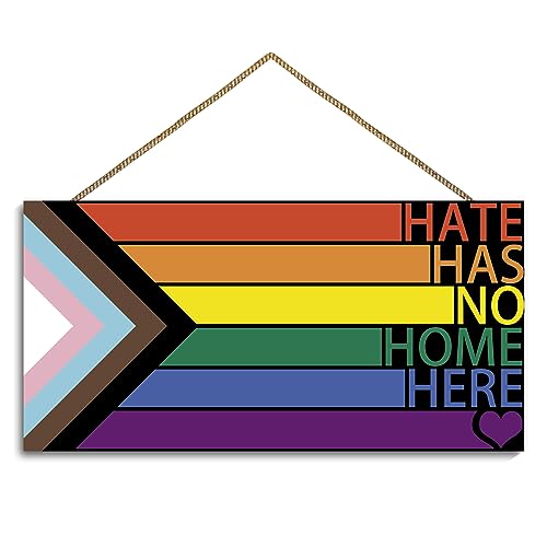 LGBT Regenbogenschild Haustür-Dekoration, Hate Has No Home Here Pride Flagge, Holzwanddekoration, Gay Pride, Regenbogen-Dekorationen für Zuhause, Wand, Veranda, Haustür, Klassenzimmer