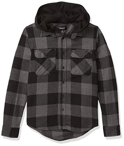 Brixton Men's Bowery Standard FIT Hooded Long Sleeve Flannel Shirt, Black/Heather Grey, L