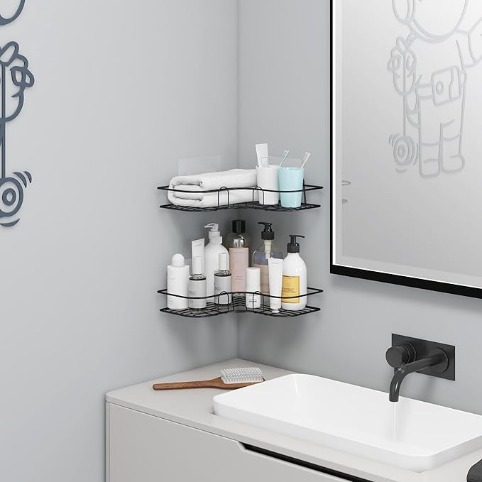 Image of Self Adhesive Bathroom Corner Shelf Without Drill, Stainless Steel Corner Rack, Shampoo Holder, Bathroom Storage Organizer, Waterproof Rustproof (Black, Pack of 1)