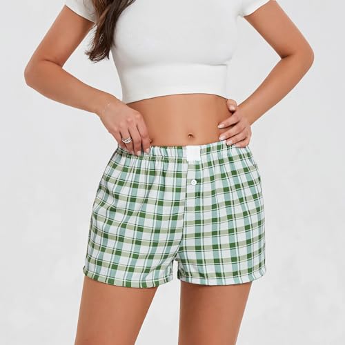 Image of Yuemengxuan Y2k Plaid Shorts Baggy Boxer Shorts for Women Elastic Waist Casual Lounge Bottom Gingham Pajama Shorts Sleepwear