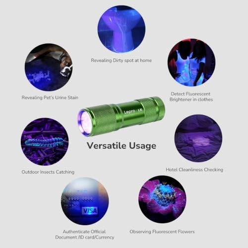 Image of Lepro 365nm UV Flashlight, Small Portable Black Light Detector for Invisible Ink Pens, Dog Cat Pet Urine Stain, AAA Batteries Included, 2 Pack
