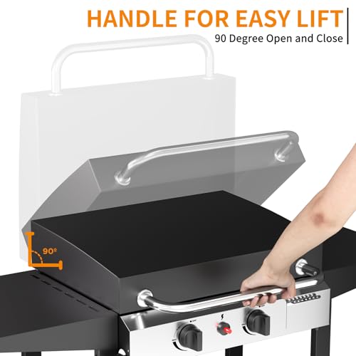 2 Burner BBQ Gas Griddle with Hood, 17.3 Inch Stainless Steel Portable Detachable Propane Griddle, 30,000 BTU Flat Top Barbecue Grill with Lid for Camping