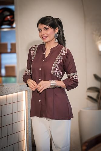 Image of Women's Viscose Rayon Embroidered A-Line Short Kurti Above Knee Regular Fit Tunic Top Office Wear Casual short kurti for women | office wear top | A-line kurti | raksha bandhan gift dress for women