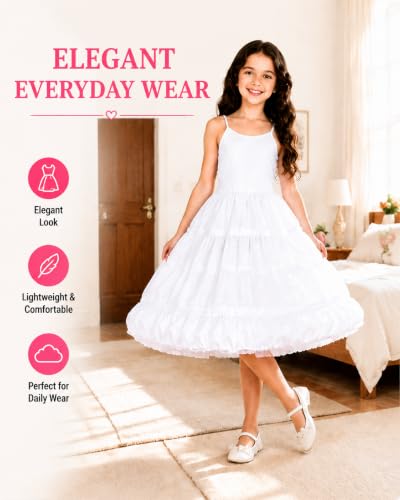 EXCLEN Petticoat für Mädchen und Kinder, A-Linie, 3 Reifen, einlagig, Krinoline, Spitzenbesatz, Blumenmädchenkleid, Unterrock, verstellbare Taille, für Alter 6–11 Jahre (Weiß)