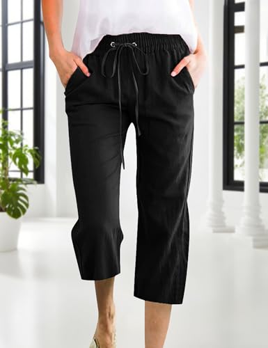 Capri Pants for Women Wide Leg Drawstring Waist Causal Loose Fit Summer Soft Buttons Trousers with Pockets Black