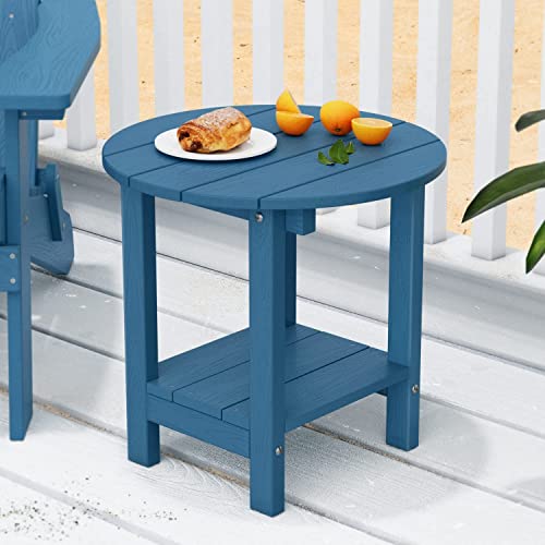 Mximu Round Outdoor Side Table Adirondack Tables 18 Inch Chairside End Tables With Storage Shelf, 2-Tier Plastic Patio Side Table, Weather Resistant For Balcony Backyard Lawn (Navy, 2 Pack) #TOP1