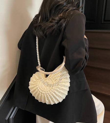 Handwoven Seashell Bag for Women Crochet Beach Bag Boho Clutch with Pearl Strap Leather Handle Unique Design 20252