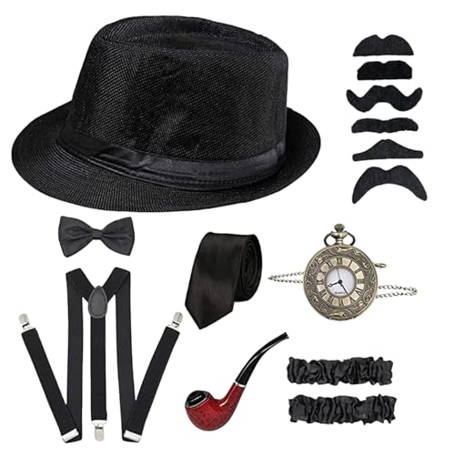 HoveeLuty Disfraz de gánster para niños, disfraz de los años 20 para niños. Incluye sombrero fedora, corbata, lazo, tirantes, reloj de bolsillo y más. Artículos para para graduación, fiestas, disfrac