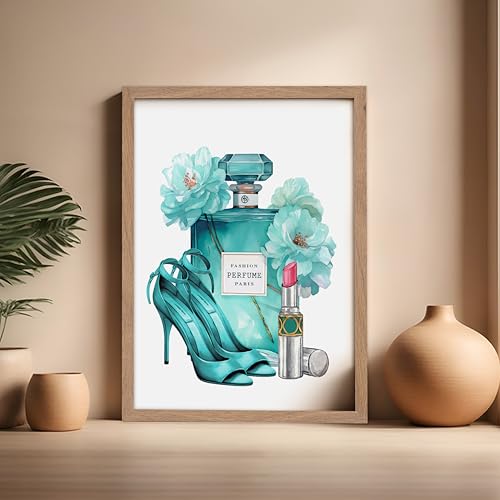 Image of Poster Master Turquoise Blue Designer Print - Fashion Poster - Shoes, Lipstick & Perfume Art - Chic Gift for Women & Fashionista - Glam Decor for Bedroom or Girl's Room - 16x20 Beige Framed
