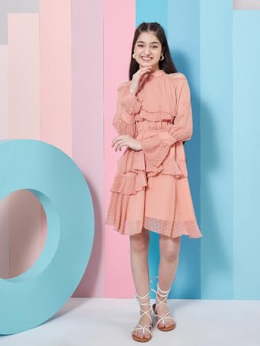 Image of Pspeaches Girl's Self Design Halter Neck Bell Sleeves Layered Ruffled A-Line Dress Orange Color Stylish & Trandy