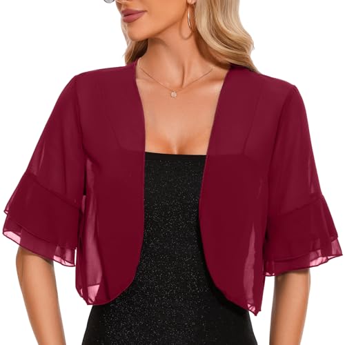 Atxnn Femme Boléro Chic et Elegant Cardigan Court en Mousseline à Manches Courte D'été à Manches Évasées Veste Transparent Cardigan Tops pour Robe...