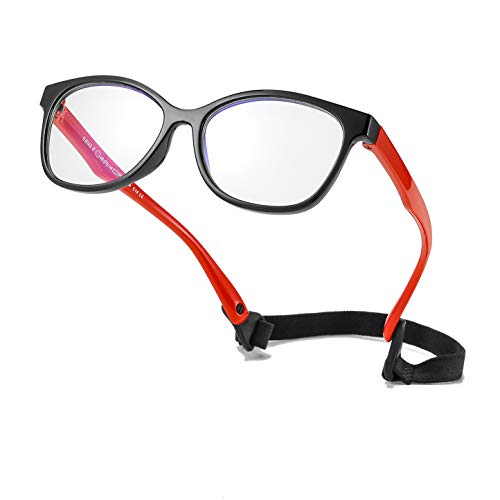 Kids Blue Light Blocking Glasses for Boys Girls, Memory Rubber Flexible Frame with Glasses Rope, for Children Age 3-12(Black/Red)
