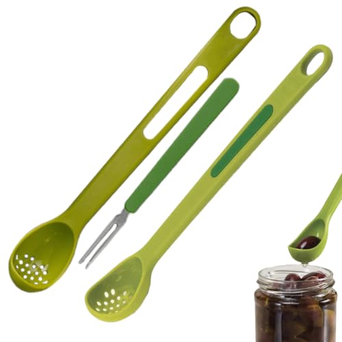 Pilarmuture Olive Spoon and Pickle Fork Set - Compact & Practical for Jars | 2-in-1 Pickle Grabber Tool for Olives, Cucumber, Onion (Long Handle Design)