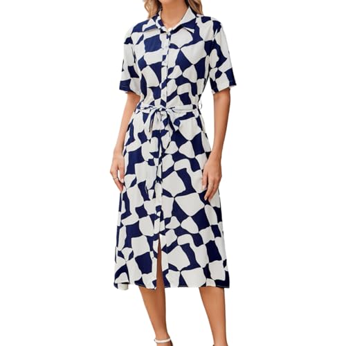 Image of BROVAVE Women's 2026 Summer Short Sleeve Work Dresses Tie Waist Button Down Animals Print Midi A-Line Shirt Dress