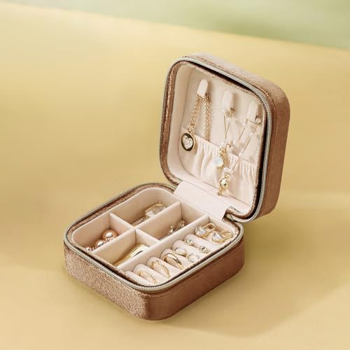 Mini caixa de joias de veludo de viagem e organizador, pequeno estojo de armazenamento organizador portátil para anéis, brincos, colares, presentes, marrom