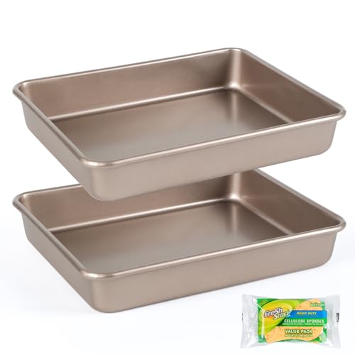 Barlket Rectangle Cake Pan 2-Pieces 11 Inch Baking Pan Nonstick, Lasagna Pan Deep Size, Bread Pan Toaster Oven Tray Bakeware, Heavy Duty Baking Sheet Pans, 11x9 Inch Gold