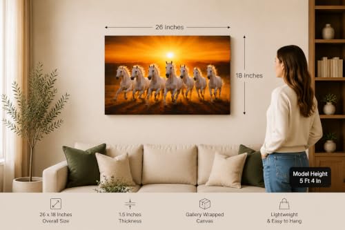Image of 7 Horse Vastu Sunrise Canvas Painting | Positive Energy Wall Decor | Big Size Premium Running Horses Artwork for Home, Office & Hall Decoration (Modern, Sun White Horse, 26x18 Inch)