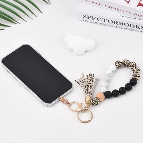 Image of BAOSIWA Silicone Key Ring Bracelet Wristlet Keychain Unique Beaded Bangle Key Chains for Women with Leather Tassel