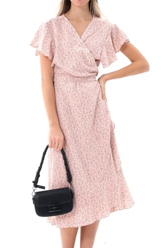 Image of Women's Summer Wrap Maxi Dress Casual Boho Floral V Neck Short Sleeve Ruffle Hem Split Beach Long Dresses